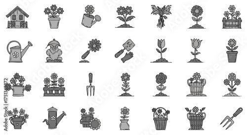 A collection of garden icons, featuring watering cans, potted plants, flowers, and gardening tools, rendered in a grayscale outline style