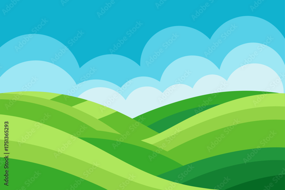 Obraz premium Illustration of green hills under a cloudy blue sky