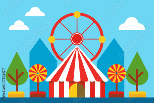 Illustration of a carnival with ferris wheel and tent