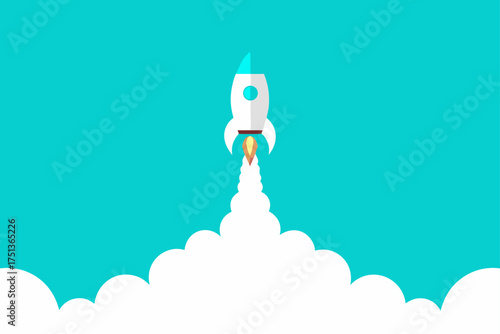 Illustration of a rocket launching against blue sky