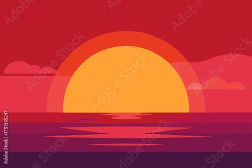 Illustration of a sunset over the ocean with clouds
