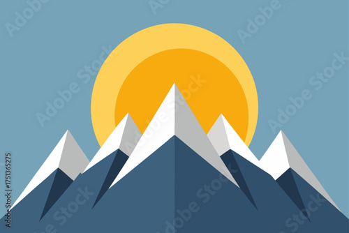Mountains with snow caps and sun in the background