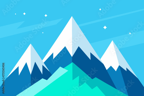 Illustration of three mountains with snow and stars