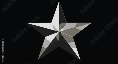 Striking Silver Star Illustration with Geometric Shading on Black Background