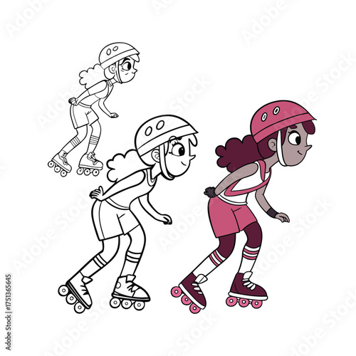Cartoon style diverse kids roller skating action sports concept art progression isolated on transparent background