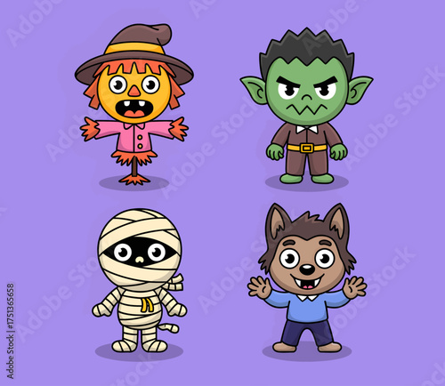 Four cute cartoon Halloween characters including a scarecrow, a green monster, a mummy, and a werewolf on a purple background.