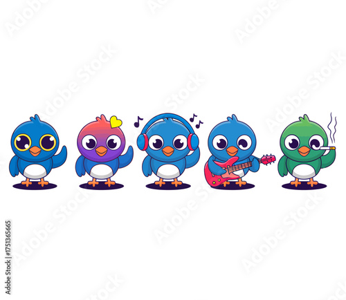 A collection of five cute cartoon bird characters with different personalities and hobbies, isolated on a white background.