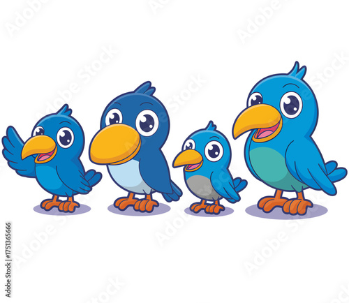 A group of four cute cartoon blue birds of varying sizes standing together.