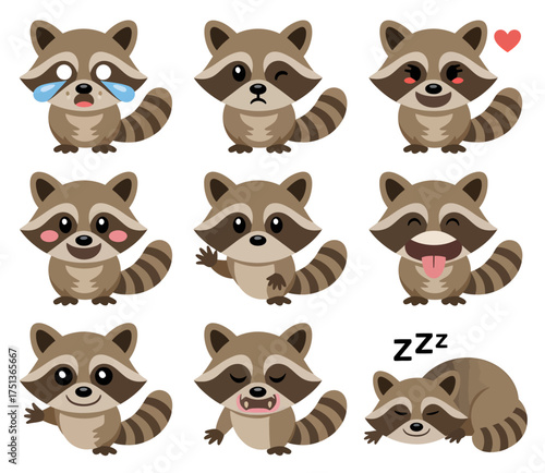 A collection of cute cartoon raccoons displaying various emotions and actions, including crying, winking, loving, excited, waving, smiling, and sleeping.