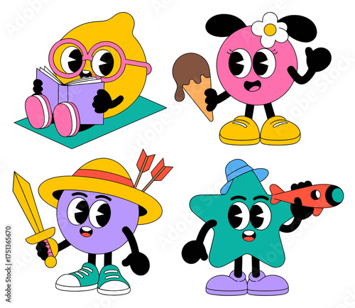 Whimsical cartoon characters in retro style, featuring a lemon, a pink circle, a purple circle, and a star.