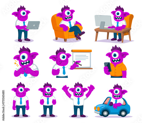 A collection of cartoon illustrations depicting a purple, one-eyed monster in various business-related scenarios.