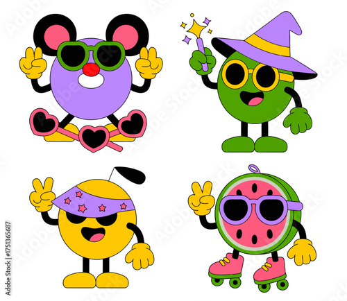 Fun cartoon fruit characters with sunglasses and accessories.