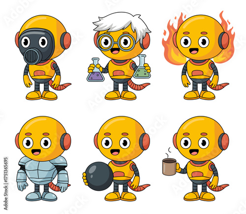 A collection of six cute yellow cartoon robot characters in various costumes and poses, including a scientist, a knight, and one on fire.