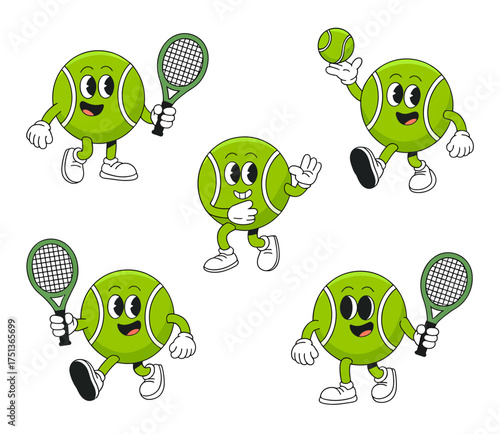 Five cartoon tennis ball characters with faces, arms, and legs, in various dynamic poses, some holding rackets, on a white background.