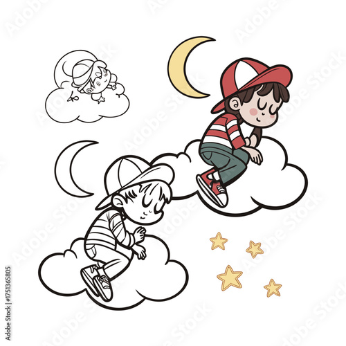 Peaceful child sleeping on cloud under crescent moon and shining stars isolated on transparent background