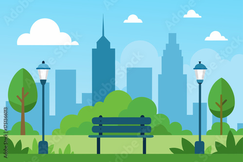 City park with bench trees and buildings in daytime