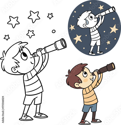 Child gazing at night sky through telescope discovering constellations and stars isolated on transparent background
