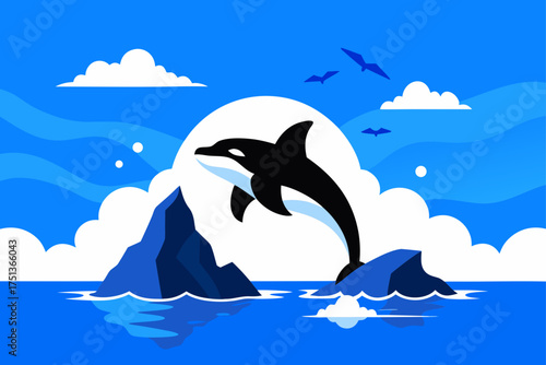 Illustration of orca jumping over rocks in the sea