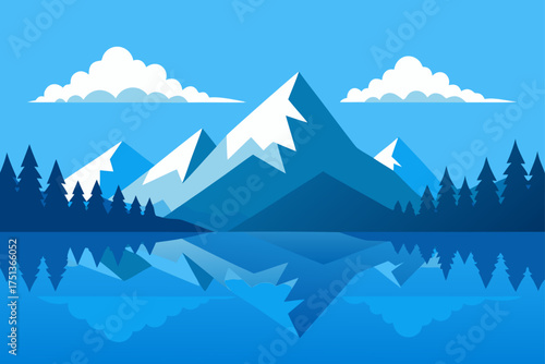 Landscape view of snowy mountains and lake reflection