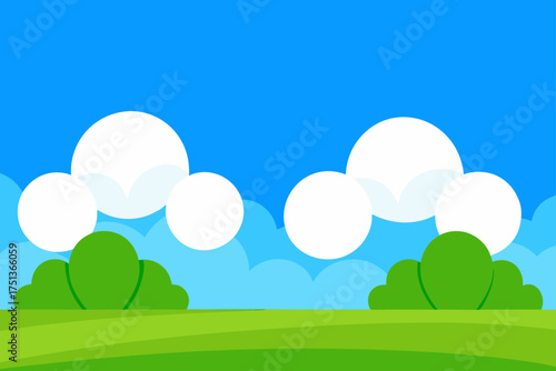 Cartoon landscape with clouds and green grass field