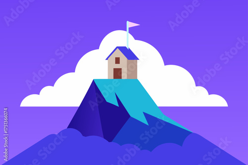 House on a mountain peak with flag and cloudscape
