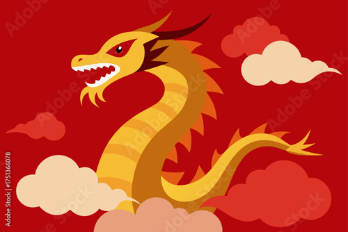 Wallpaper Mural Illustration of a golden dragon with red background Torontodigital.ca