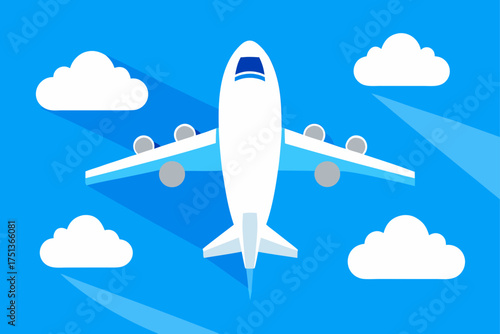 Airplane flying in blue sky with white clouds above
