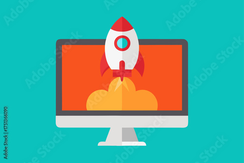 Rocket launching from computer screen illustration