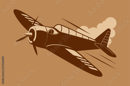 Vintage airplane flying with clouds in brown tones