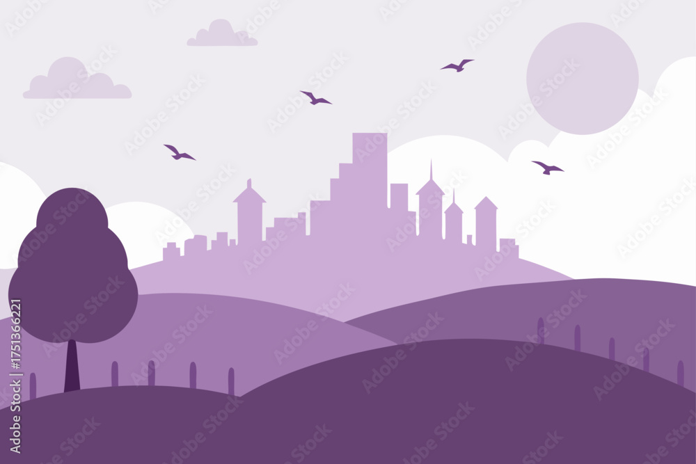 Fototapeta premium A cityscape silhouette with birds and hills view