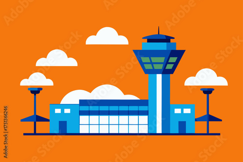 Illustration of an airport control tower and clouds