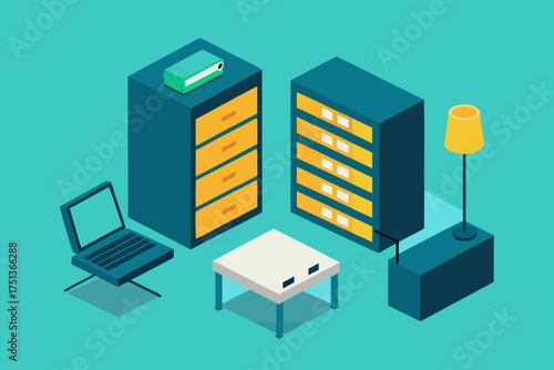 Isometric view of a room with furniture and laptop