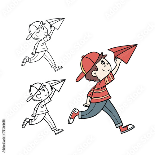 Joyful child running outdoors with a red paper airplane in hand childhood fun isolated on transparent background