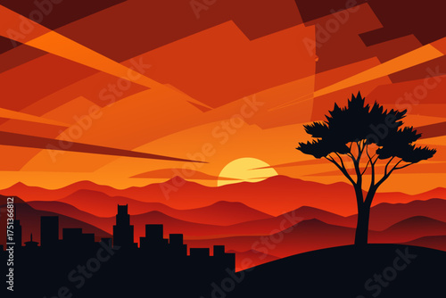 Silhouette of city and tree at a vibrant sunset time