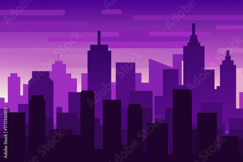 Silhouette of a purple cityscape at dusk or dawn