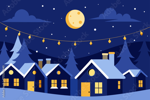 Illustration of a winter village at night with moon