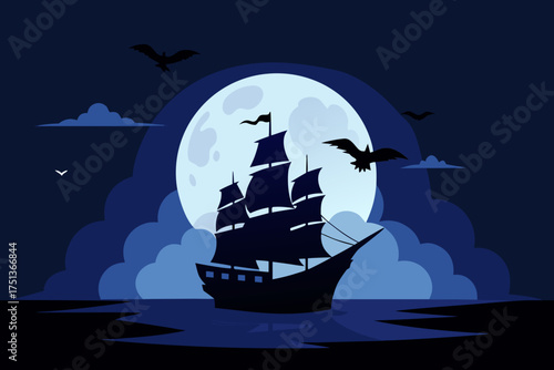 Silhouette ship sailing under a full moon at night