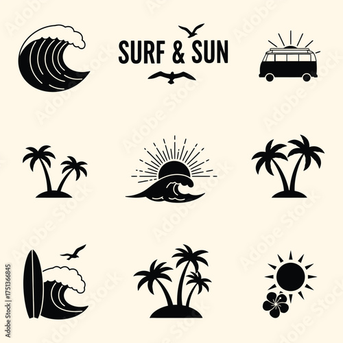 Summer Vacation Icons Set in Black and White wave palm tree sun van travel holiday beach sea ocean tropical island surf surfing bird