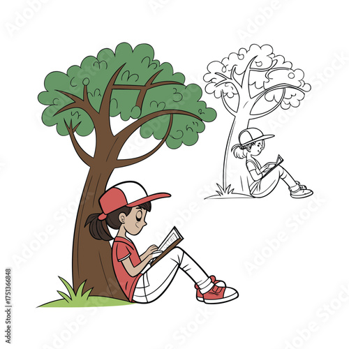 Young girl reading book under tree magical sparkles emanate childhood imagination isolated on transparent background