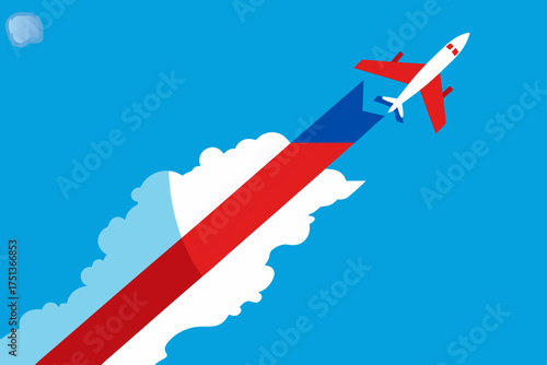 Airplane flying through the sky leaving color trail