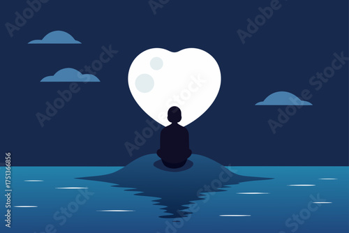Person meditating on island under heart shaped moon