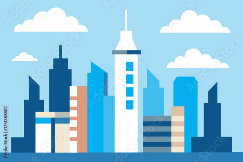 Cityscape with buildings and clouds in blue shades