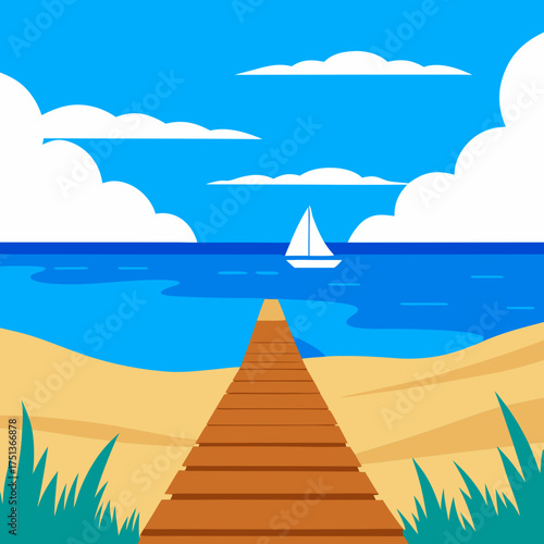 Illustration of a beach scene with a wooden pier
