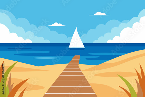 Fotografía Sailboat on the sea seen from a wooden pier on beach