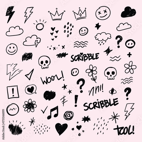 Hand Drawn Doodle Elements Set on Pink Background drawing sketch illustration vector cloud lightning crown heart flower scribble skull