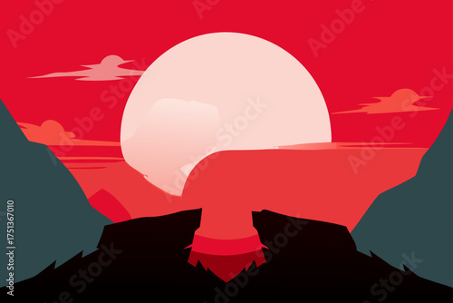 Illustration of a sunset over mountains and clouds