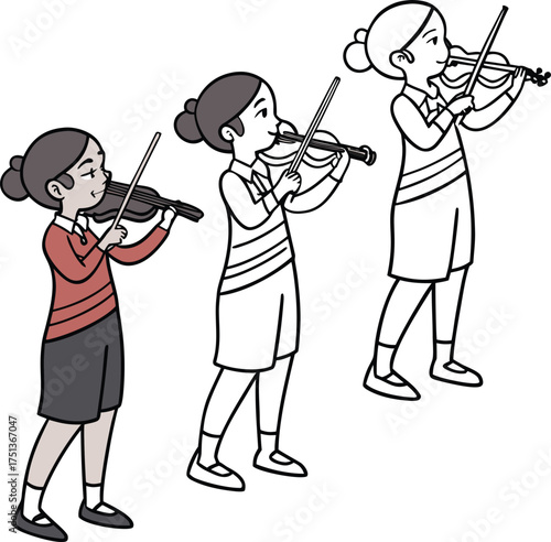 Young girl playing violin with ghostly apparition in dark abstract scene isolated on transparent background