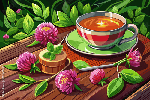 vector of Red clover blooms and leaves next to a cup of herbal tea, promoting health and natural healing on a rustic wooden surface.