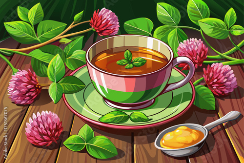 vector of Red clover blooms and leaves next to a cup of herbal tea, promoting health and natural healing on a rustic wooden surface.