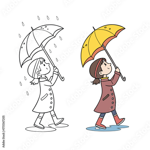 Young girl walking with yellow umbrella through puddles rainy day isolated on transparent background